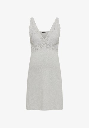 Šviesiai pilkos spalvos naktiniai be rankovių su nėriniuotu viršumi ir banguotomis kraštinėmis. Minkšta medžiaga, laisvo kirpimo, skirta patogumui.