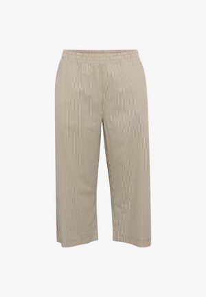 Beżowe spodnie 3/4 z pionowymi białymi paskami, z elastycznym pasem i luźnym krojem, wykonane z lekkiego materiału.