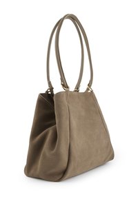 Brązowa torebka typu tote z zamszu, z dwoma długimi uchwytami, pojemnym wnętrzem i miękką teksturą. Posiada złote akcesoria przy mocowaniach uchwytów.