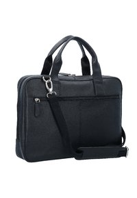 Black leather briefcase with dual handles, adjustable shoulder strap, front zipper pocket, textured surface, and clean rectangular design.