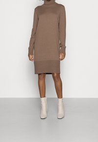 Abito in maglia marrone con collo alto, maniche lunghe e polsini e orlo a costine. Indossato con stivaletti crema e posizionato su uno sfondo bianco.