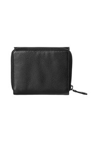 Zwarte leren portemonnee met een gestructureerde buitenkant, rechthoekige vorm en ritssluiting. Bevat stiksels langs de randen en een afneembare ritshanger.