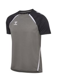 Kurzärmeliges Sportshirt mit grauem Körper, schwarzen Schultern, weißen Streifen und einem weißen hummel-Logo auf der Brust.