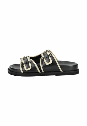 Sandalo nero a ciabatta con due cinturini regolabili con fibbia e bordo bianco lungo i margini, suola piatta e design con punta aperta.