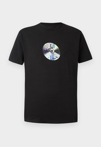 Black cotton t-shirt featuring a graphic print of a CD with colorful graffiti-style text at the center. Short sleeves, classic crew neck design.