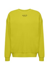 Klar gul sweatshirt i texturerat tyg, med rund halsringning och ribbade ärmslut, som har "HALO" tryckt på bröstet.