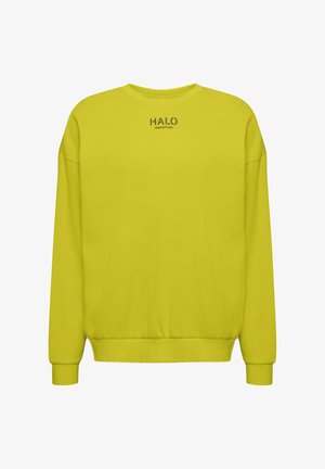 Jasnożółta bluza z teksturowanej tkaniny, z okrągłym dekoltem i prążkowanymi mankietami, z napisem "HALO" na klatce piersiowej.