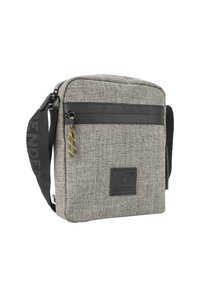 Szara, strukturalna torba na ramię z czarnym akcentem, regulowanym paskiem i naszywką z logo. Posiada suwak z chwytakiem w wzór.