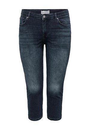 Tumed sinine denim kapri teksapüksid, mis on slim fit stiilis, viie taskuga, nööbi ja tõmbluku kinnitusega ning kerge kulumisega.
