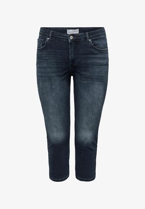 Dunkelblaue Denim-Capri-Jeans mit schmaler Passform, mit fünf Taschen, einem Knopf- und Reißverschluss sowie leichten Used-Effekten.