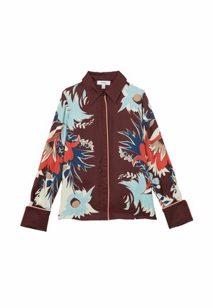 Košulja dugih rukava s gumbima i širokim ovratnikom, tamnocrvena baza, s velikim plavim, crvenim i bež cvjetnim uzorcima na rukavima i tijelu.