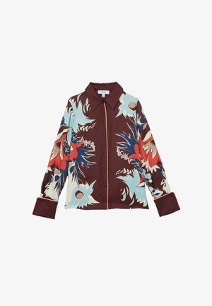 Košulja dugih rukava s gumbima i širokim ovratnikom, tamnocrvena baza, s velikim plavim, crvenim i bež cvjetnim uzorcima na rukavima i tijelu.