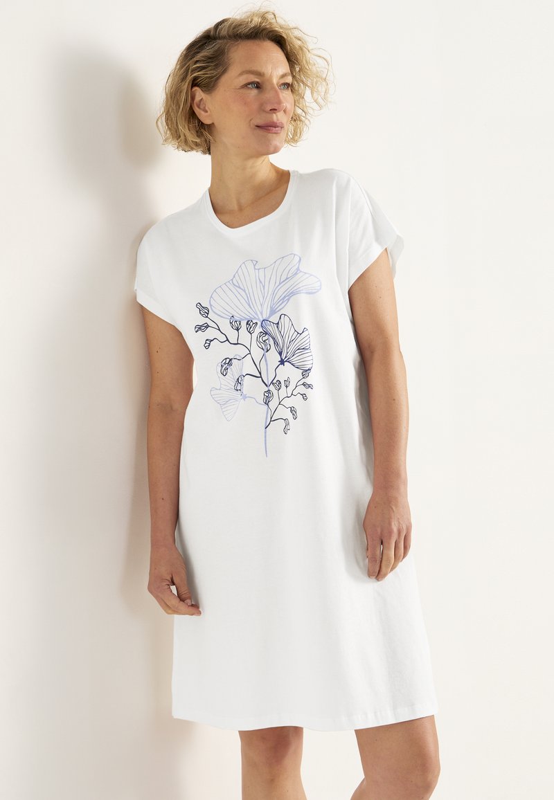 Hvid bomulds kjole med korte ærmer, prydet med en blå blomsterlinjetegning, afslappet pasform og knælængde.