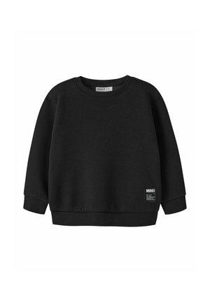 Sweat-shirt noir à manches longues avec col rond, poignets et ourlet côtelés, avec une petite étiquette blanche "MIND" sur la partie inférieure avant droite.