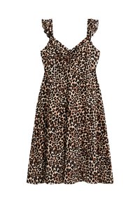 Leopardenmusterkleid mit rüschierten Spaghettiträgern, A-Linie, weichem Stoff und Farbtönen in Beige, Schwarz und Braun.