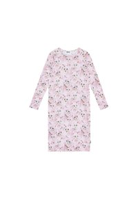 Ilga rankovė suknelė švelnios rožinės spalvos audinyje, kuriame kartojasi stilizuotų katės veidų su žaliomis akimis ir šviesiais kailio akcentais raštas.