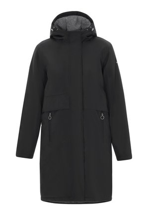 Zwarte parka jas met verstelbare capuchon, voorzakken met rits en lange mouwen. Heeft een soepele buitenkant en een zachte binnenvoering.