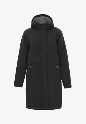 Čierna parka s nastaviteľnou kapucňou, prednými vreckami na zips a dlhými rukávmi. Má hladký vonkajší povrch a mäkkú vnútornú podšívku.