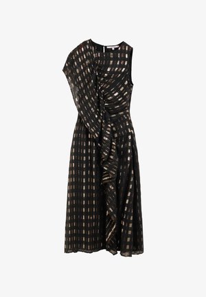 Vestido midi negro sin mangas con patrón de cuadros rectangulares metálicos, detalle de volantes asimétricos y cuello redondo.