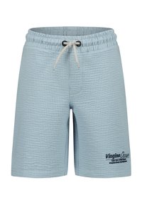 Shorts en tissu texturé bleu clair avec taille élastique, cordon blanc et petit logo texte bleu foncé sur la partie inférieure de la jambe droite.