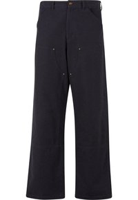 Pantalones de pierna ancha azul marino hechos de un tejido de algodón resistente. Presentan bolsillos frontales, herrajes en tono dorado y un cierre de botón en la cintura.
