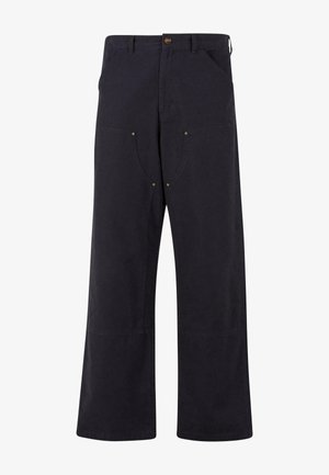 Temno modri široki hlače iz trdnega bombažnega materiala. Imajo sprednje žepke, zlate kovinske detajle in gumbasto zapiranje v pasu.