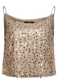Beige ärmlös topp med en framdel täckt av paljetter, med rundad halsringning och smala axelband. Glittrande dekoreringar i olika storlekar.