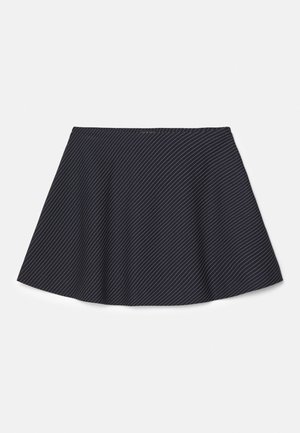 Navy blue flared skirt with white vertical stripes. Made from a lightweight fabric, featuring a smooth texture and a fitted waist.