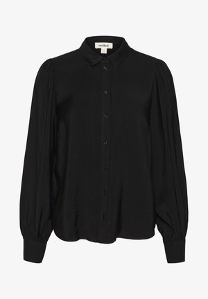 Black long-sleeve shirt made of lightweight fabric, featuring a collar, button front, and gathered detailing on the shoulders.