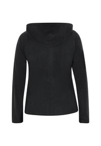 Czarna bluza z kapturem, z długimi rękawami, wykonana z miękkiego materiału. Charakteryzuje się gładką teksturą i prostym, eleganckim wzornictwem. Brak widocznych elementów metalowych.
