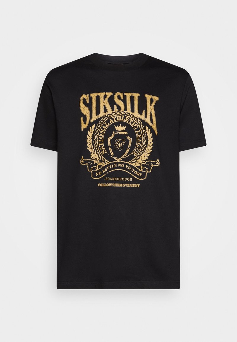 T-shirt en coton noir avec un design imprimé doré incluant du texte et un emblème. Manches courtes et col ras du cou avec une coupe normale.