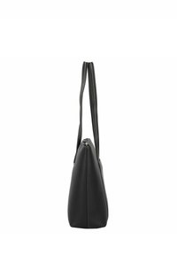 Sac à main synthétique noir avec deux anses robustes, une fermeture éclair et une forme effilée. Présente des coutures discrètes sur les bords.