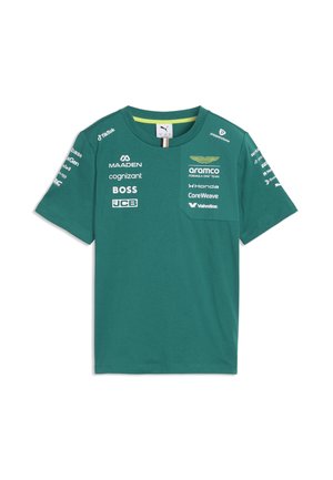 Grøn Aston Martin Formula One Team-shirt med flere sponsorlorgans på brystet, ærmerne og en lille lomme på højre side.