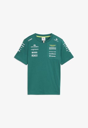 Grøn Aston Martin Formula One Team-shirt med flere sponsorlorgans på brystet, ærmerne og en lille lomme på højre side.