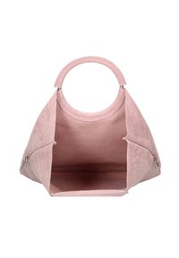 Roze vilten handtas met een afgeronde bovenhandgreep, open ontwerp en zachte textuur. Beschikt over ruimte voor items zonder zichtbare hardware of sluiting.