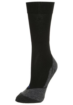 Chaussette noire de cheville avec un empiècement texturé, talon et orteil gris contrastants, et un accent bleu près du haut. Fabriquée dans un tissu extensible.