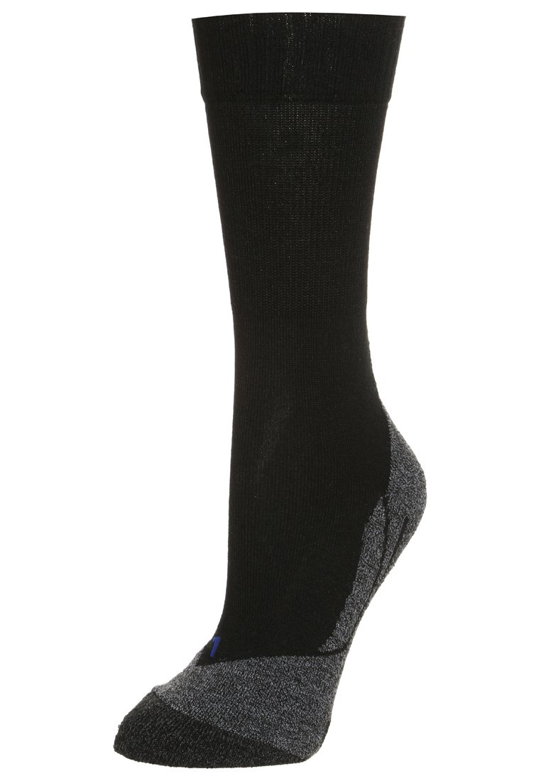 Calcetín negro de tobillo con parte superior texturizada, talón y punta gris en contraste, y un detalle azul cerca de la parte superior. Fabricado con una tela elástica.