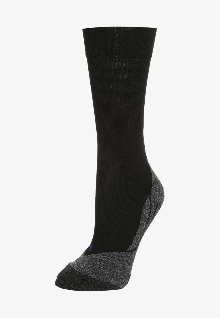 Calcetín negro de tobillo con parte superior texturizada, talón y punta gris en contraste, y un detalle azul cerca de la parte superior. Fabricado con una tela elástica.