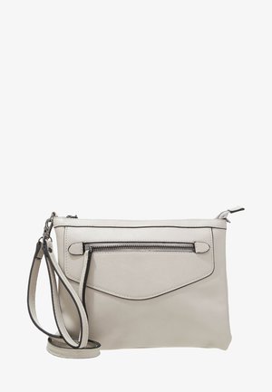 Beige Leder-Wristlet-Clutch mit vorderer Reißverschlusstasche, silbernem Reißverschluss und abnehmbarem Trageriemen, der an der linken Seite befestigt ist.