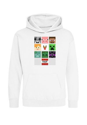 Felpa bianca con cappuccio con una griglia di volti pixelati di personaggi e oggetti di Minecraft, inclusi un maiale, un creeper e un blocco di TNT sulla parte anteriore.