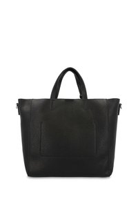 Black leather handbag with a textured finish, rectangular shape, dual handles, and a subtle front pocket detail. No embellishments present.