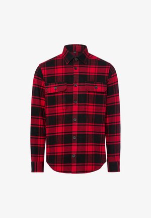 Rood en zwart geruite blouse met lange mouwen van flanel, voorzien van twee borstzakken, zwarte knopen en een klassieke kraag.