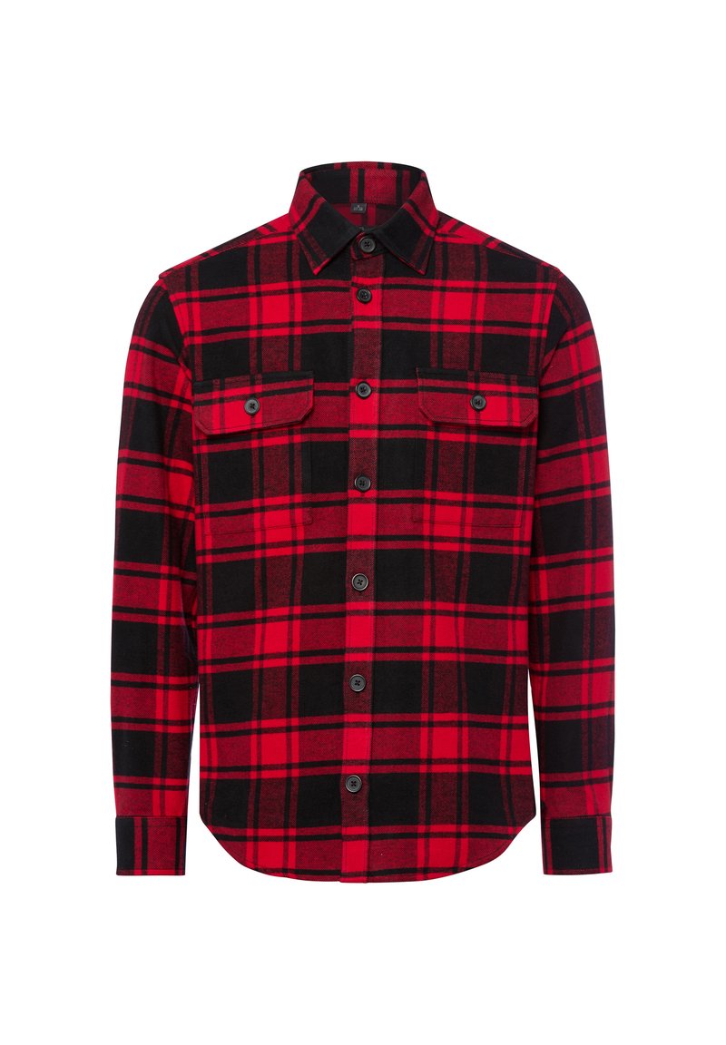 Rood en zwart geruite blouse met lange mouwen van flanel, voorzien van twee borstzakken, zwarte knopen en een klassieke kraag.