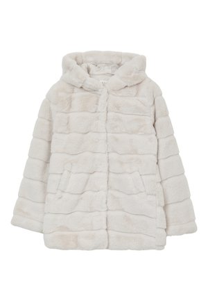 Veste à capuche en fausse fourrure couleur crème avec quilting horizontal et poches avant, conçue pour la chaleur et le confort.