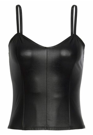 Schwarzes Top aus Kunstleder mit dünnen doppelten Schulterträgern und vertikalen Nahtdetails auf der Vorderseite.