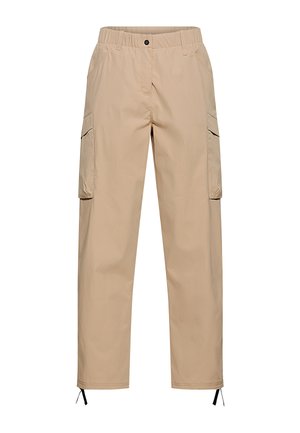 Pantalon cargo beige avec poches latérales, ceinture à boutons, passants pour ceinture et liens réglables aux chevilles.