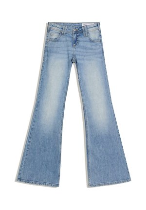 Light blue denim jeans with a high waist, front pockets, and flared wide legs, laid flat on a white background.