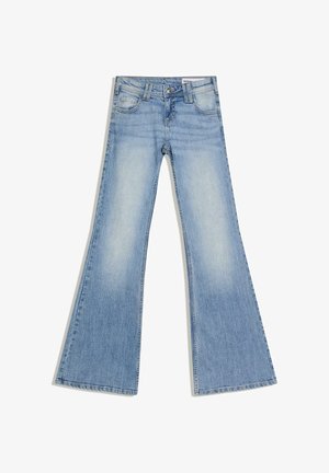 Light blue denim jeans with a high waist, front pockets, and flared wide legs, laid flat on a white background.