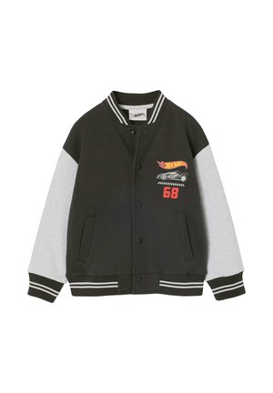Black and gray varsity jacket with snap buttons, striped collar and cuffs, featuring Hot Wheels logo, car graphic, and number 68 on the chest.