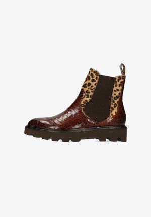 Braunes Leder-Ankle-Boot mit Krokodilprägung und Akzenten im Leopardenmuster, elastischen Seiten und dicker Gummisohle. Strukturierte Oberfläche und Zuglasche.